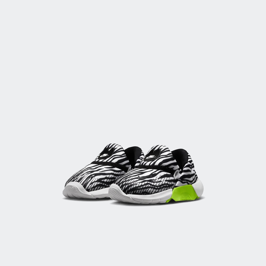 Nike Swoosh Go Baby/Toddler Shoes with black and white zebra print and neon green heel accents, front view.