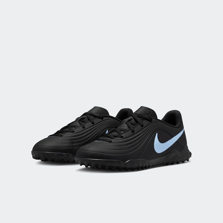 Black Nike Tiempo Maestro Club TF boots with a light blue swoosh, designed for turf play, shown on a white background.