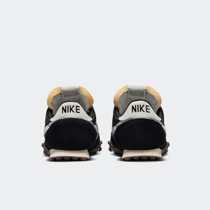 Nike Waffle Racer Black Or Grey Men's Shoes, rear view, featuring black suede and white leather accents.