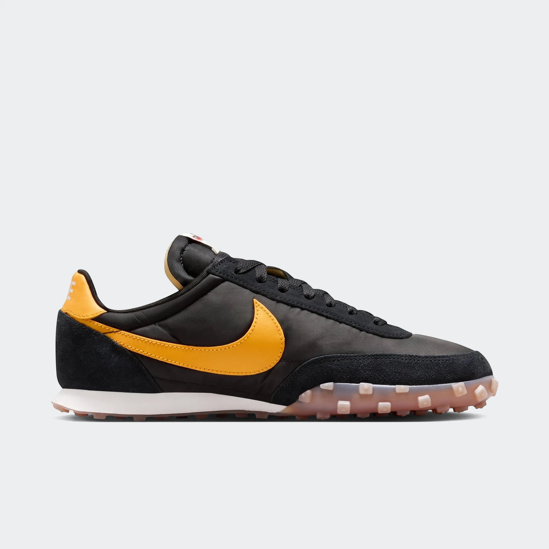 Nike Waffle Racer Men's Shoes in black and yellow, featuring a durable nylon and suede upper with a distinctive yellow