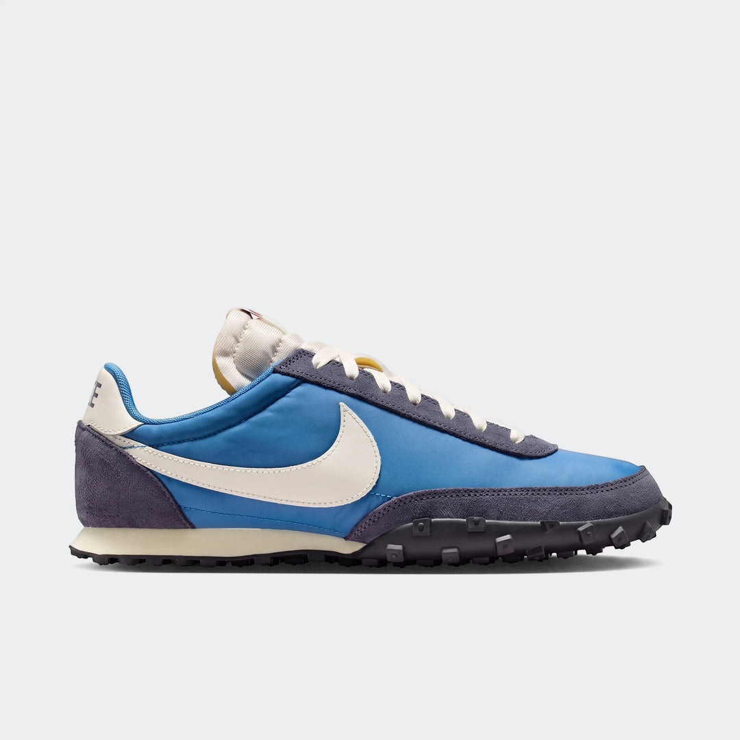 Nike Waffle Racer Men's Shoes in blue, navy, and off-white, featuring a classic retro running design and distinctive waffle