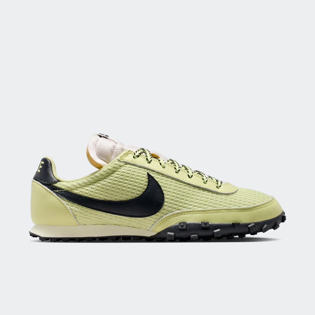 Nike Waffle Racer Se Green men's shoes, featuring a light green mesh upper, black swoosh, and waffle outsole.