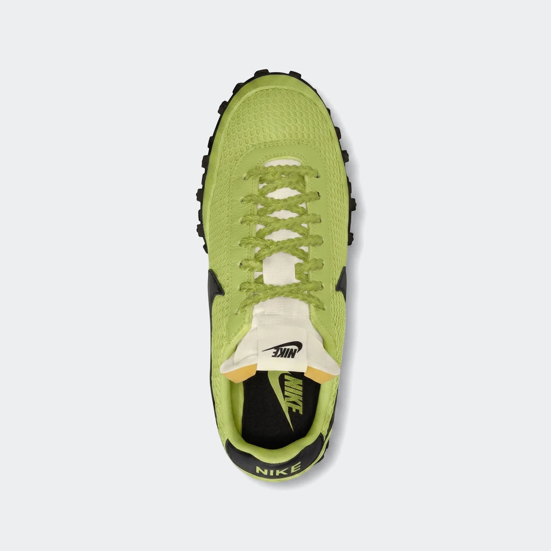 Nike Waffle Racer Se Men's shoes in a vibrant green color, featuring black and off-white accents, presented in a top-down