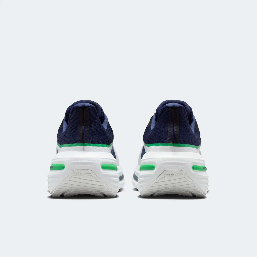 Nike Winflo 12 Men's Road Running Shoes, shown from the rear in dark blue and white with green accents.