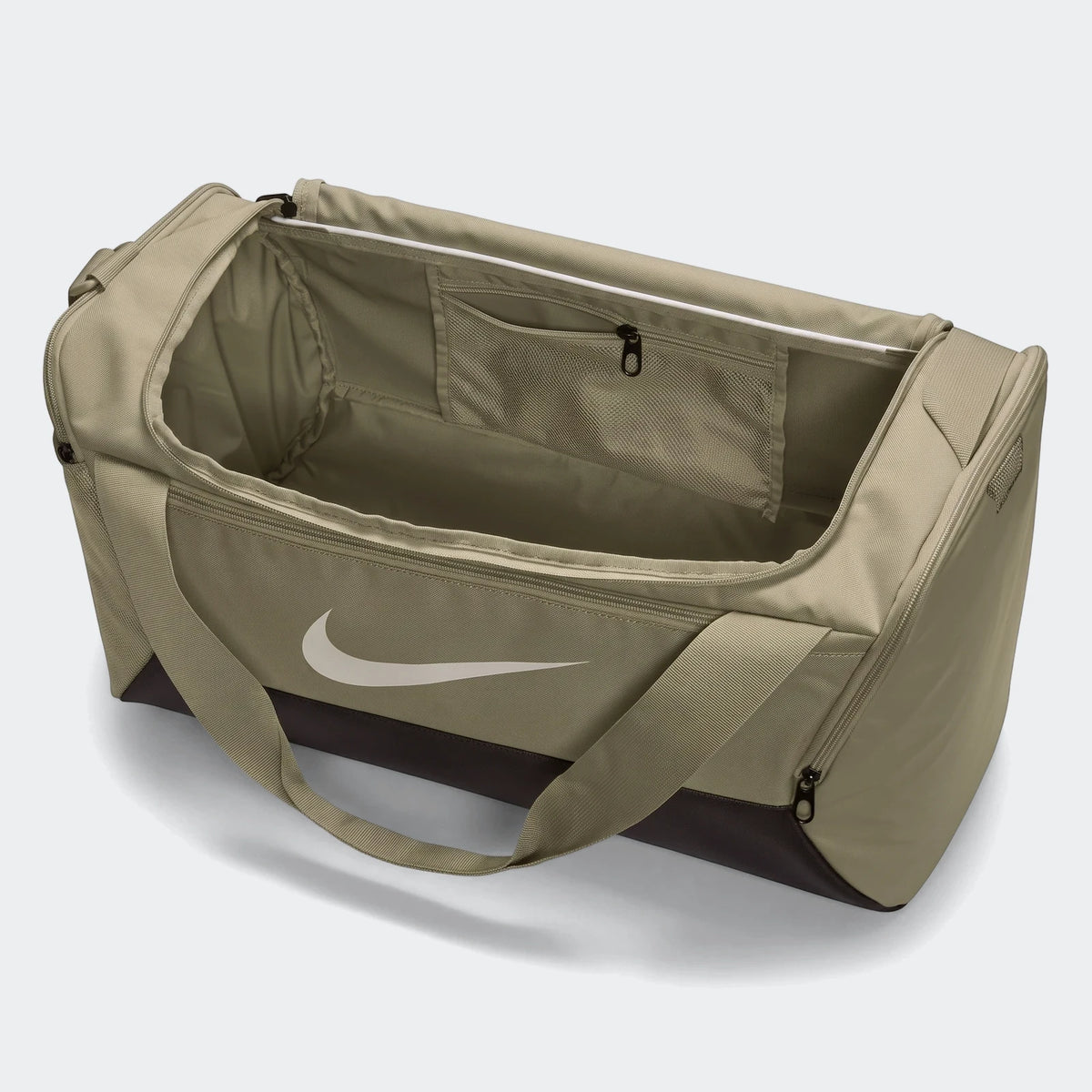 Nk Brsla S Duff 9.5 brown duffel bag shown open from above with carry handles and black base panel