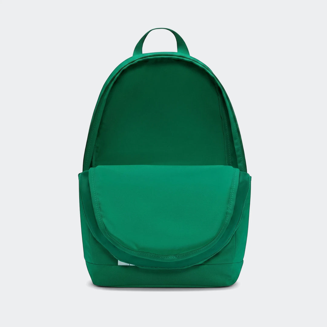 Front view of a vibrant green Nk Elmntl Bkpk Hbr(21L) backpack. Its main compartment is open, showing the interior, with a