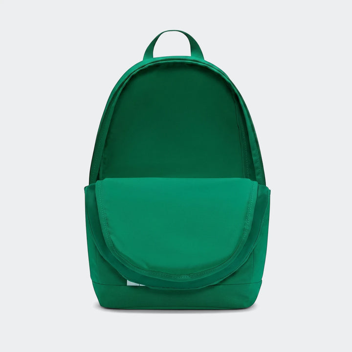 Front view of a vibrant green Nk Elmntl Bkpk Hbr(21L) backpack. Its main compartment is open, showing the interior, with a