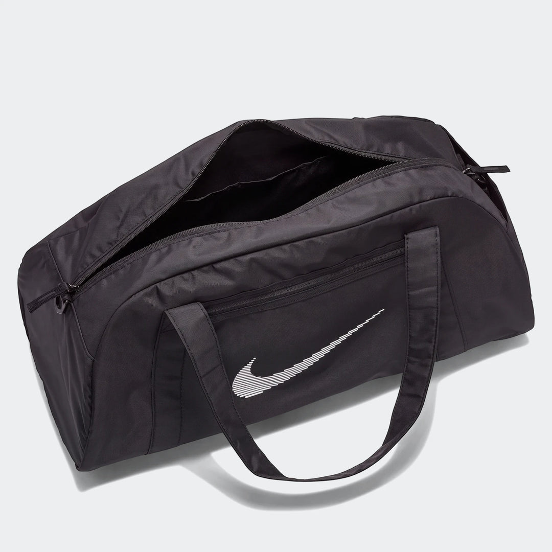 Nk Gym Club Bag black duffel bag with zip top opening, front logo, and dual carry handles, side view.
