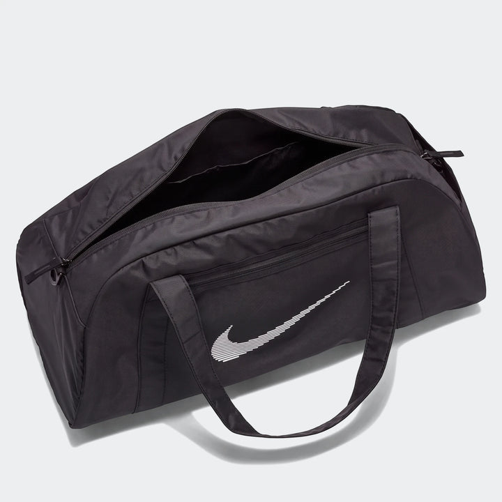 Nk Gym Club Bag black duffel bag with zip top opening, front logo, and dual carry handles, side view.