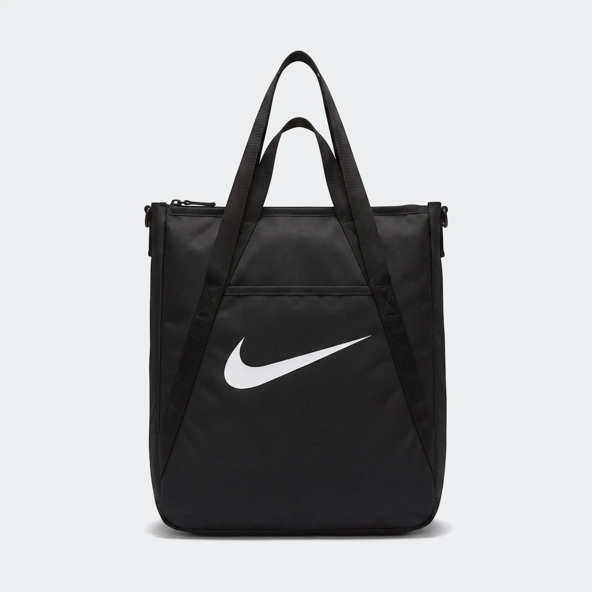 Nk Gym Tote Sp26 black tote bag with dual carry handles and large white logo, front view.