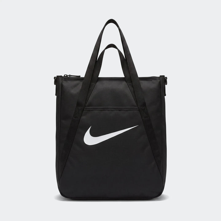 Nk Gym Tote Sp26 black tote bag with dual carry handles and large white logo, front view.