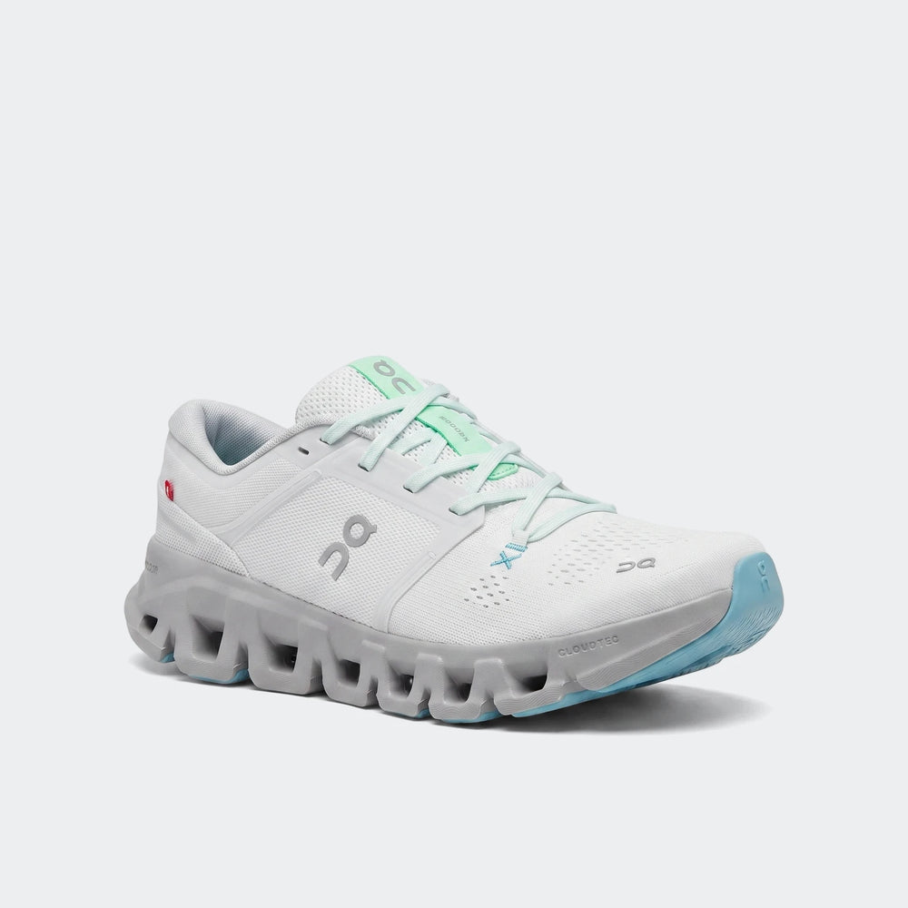 White On Running Cloud X 5 sneakers with gray CloudTec sole, mint green laces, and blue accents, viewed from the side.