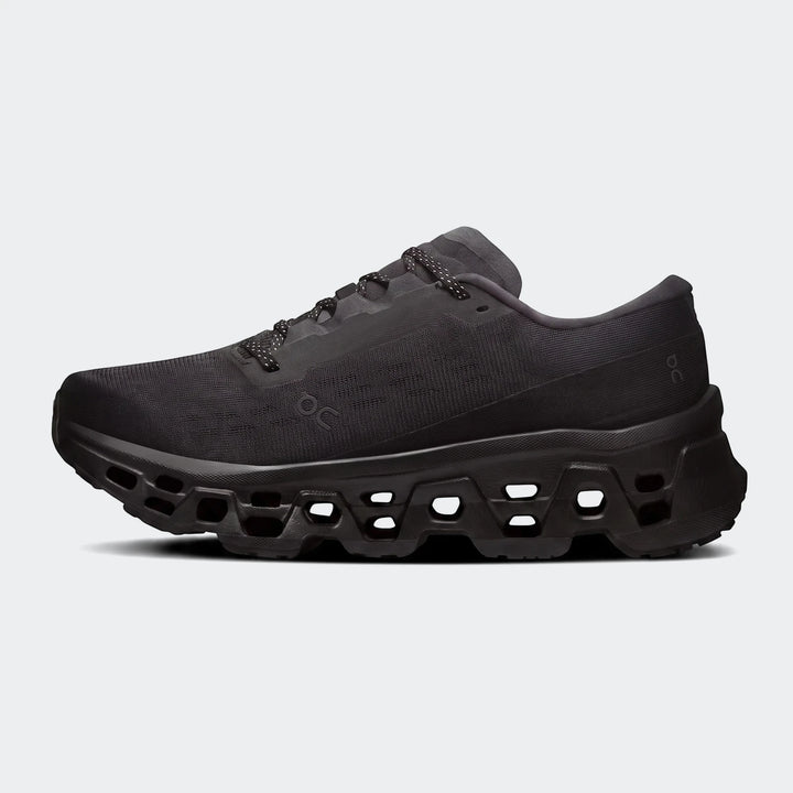 Black On Running Cloudmonster 3 running sneakers, featuring a mesh upper and a distinctive cushioned sole, presented in a