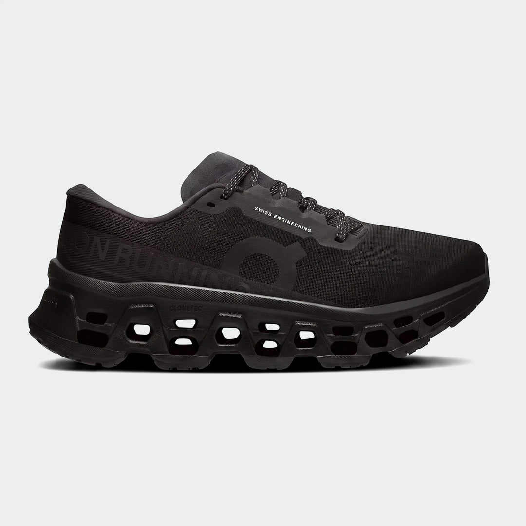 Black On Running Cloudmonster 3 running sneakers, visible from the side, showcasing their unique sole design.