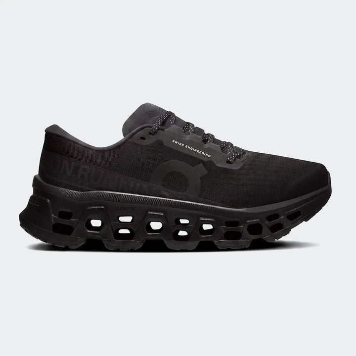 Black On Running Cloudmonster 3 running sneakers, visible from the side, showcasing their unique sole design.