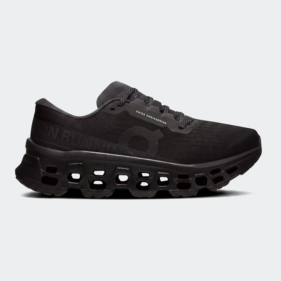Black On Running Cloudmonster 3 running sneakers, visible from the side, showcasing their unique sole design.