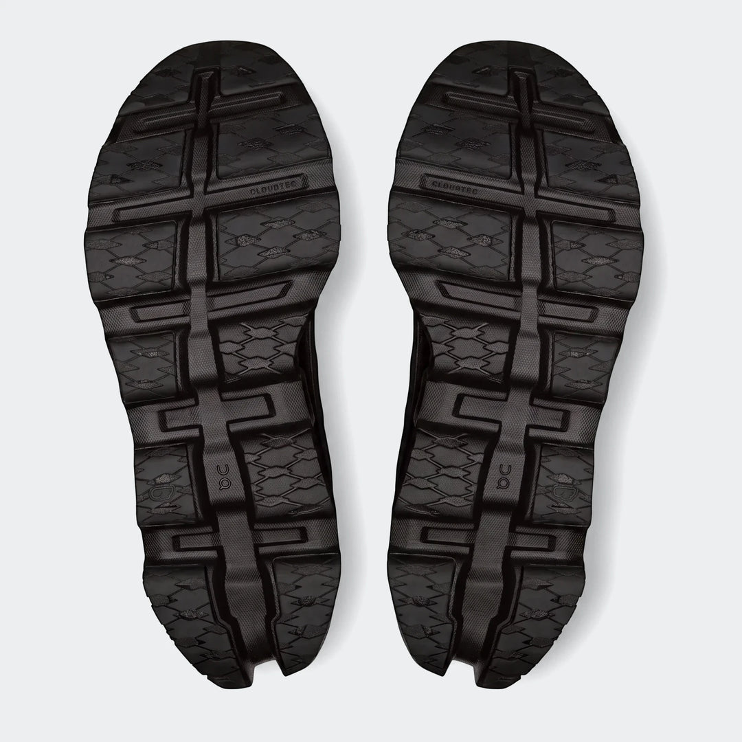 Top-down view of two black On Running Cloudmonster 3 running sneakers, showcasing their textured CloudTec soles and tread
