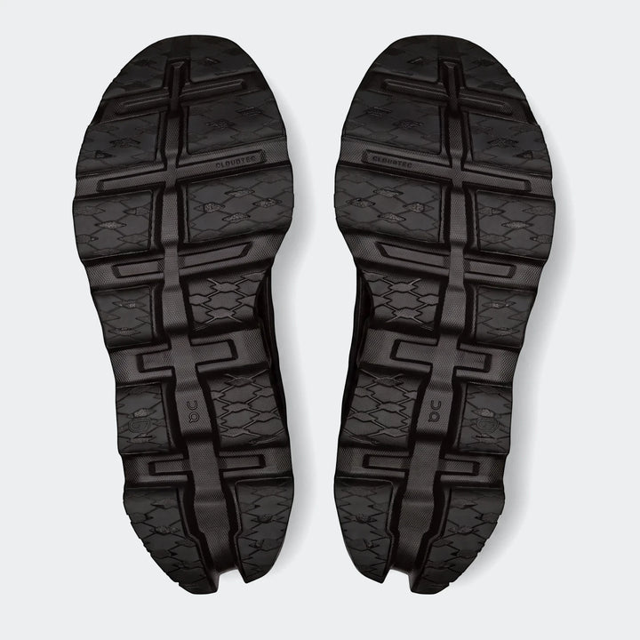 Top-down view of two black On Running Cloudmonster 3 running sneakers, showcasing their textured CloudTec soles and tread