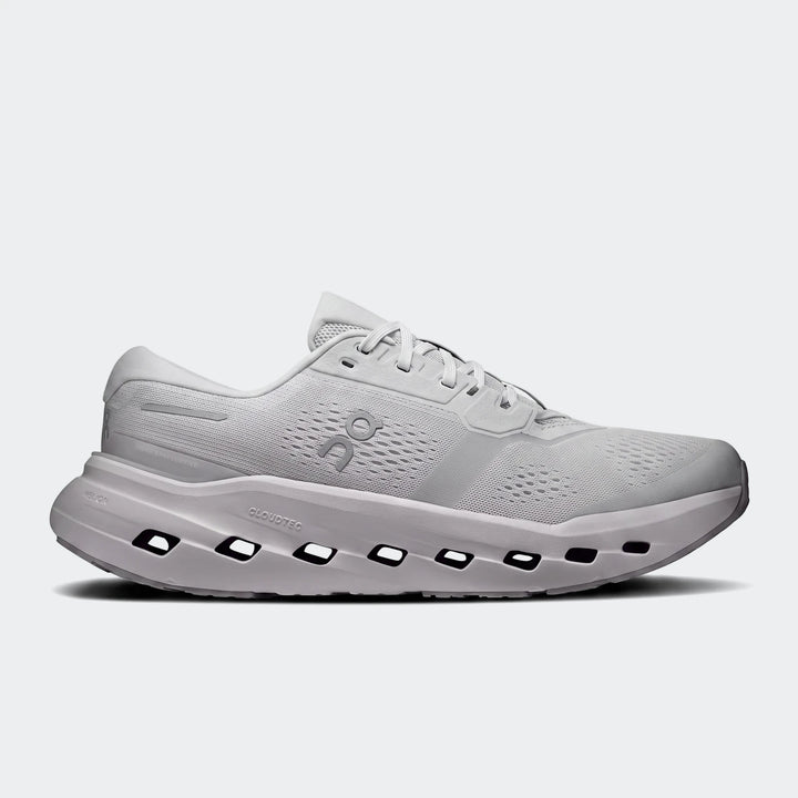Side view of an On Running Cloudrunner 3 Glacier running sneaker, featuring a light gray mesh upper, white laces, and a
