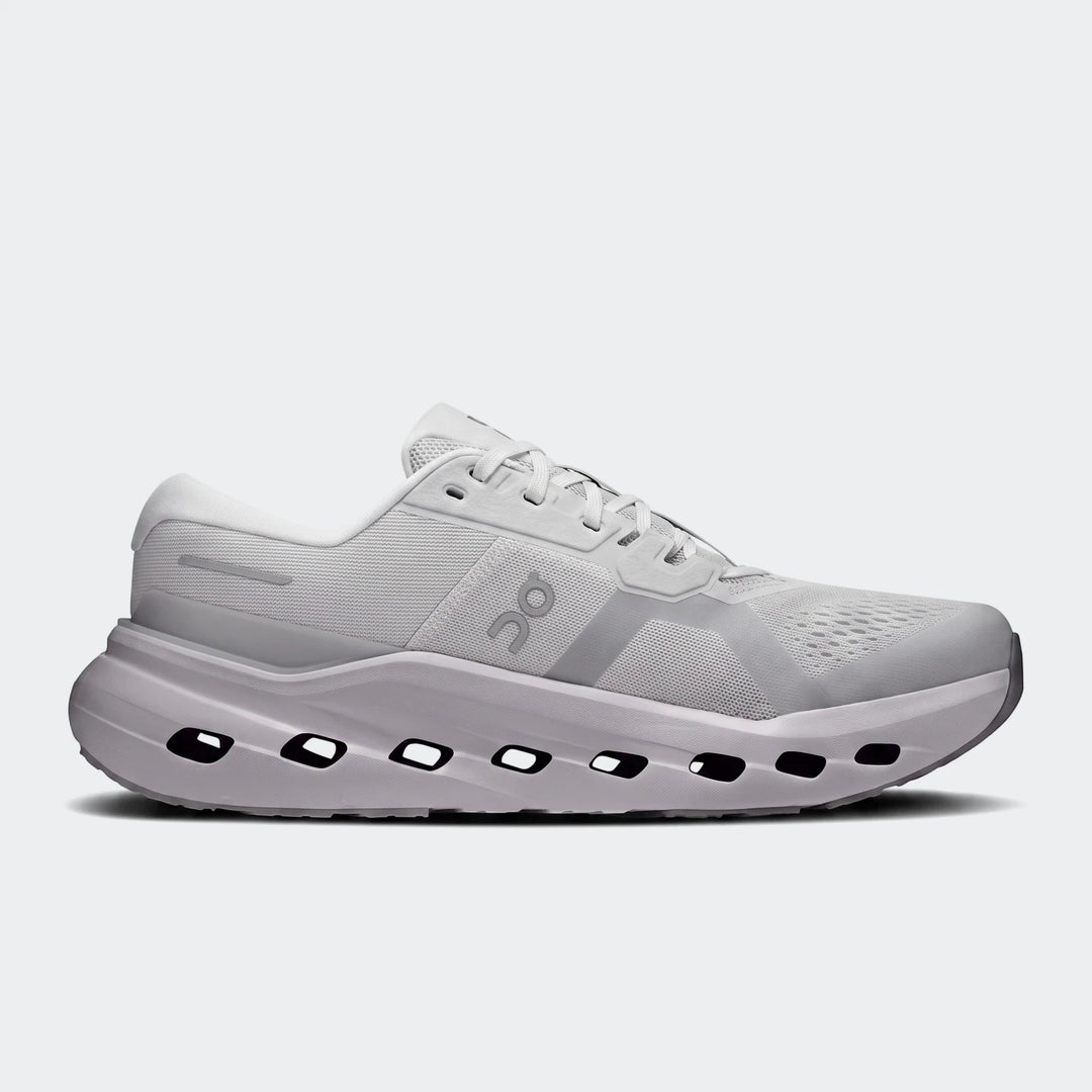 On Running Cloudrunner 3 Glacier sneakers, a light gray athletic shoe with mesh upper and a unique holed sole, side view.