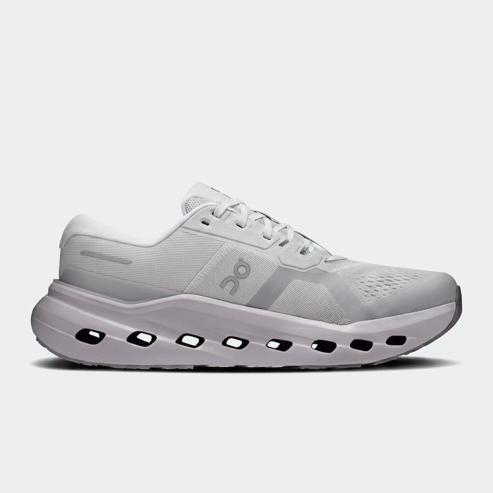 On Running Cloudrunner 3 Glacier sneakers, a light gray athletic shoe with mesh upper and a unique holed sole, side view.