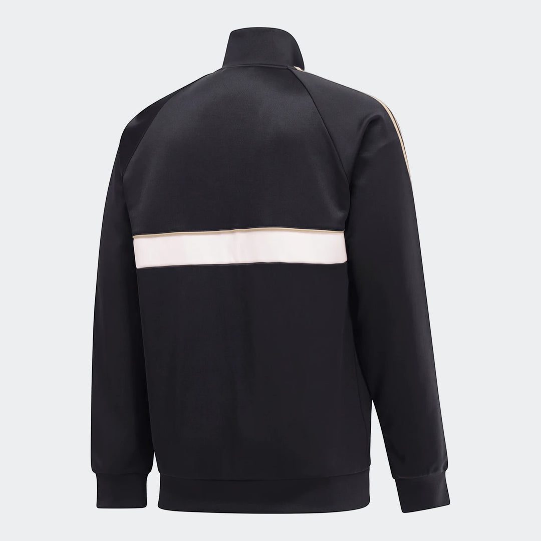 Op Og2 Tt black jacket shown from the back with a white chest stripe and beige piping for contrast.