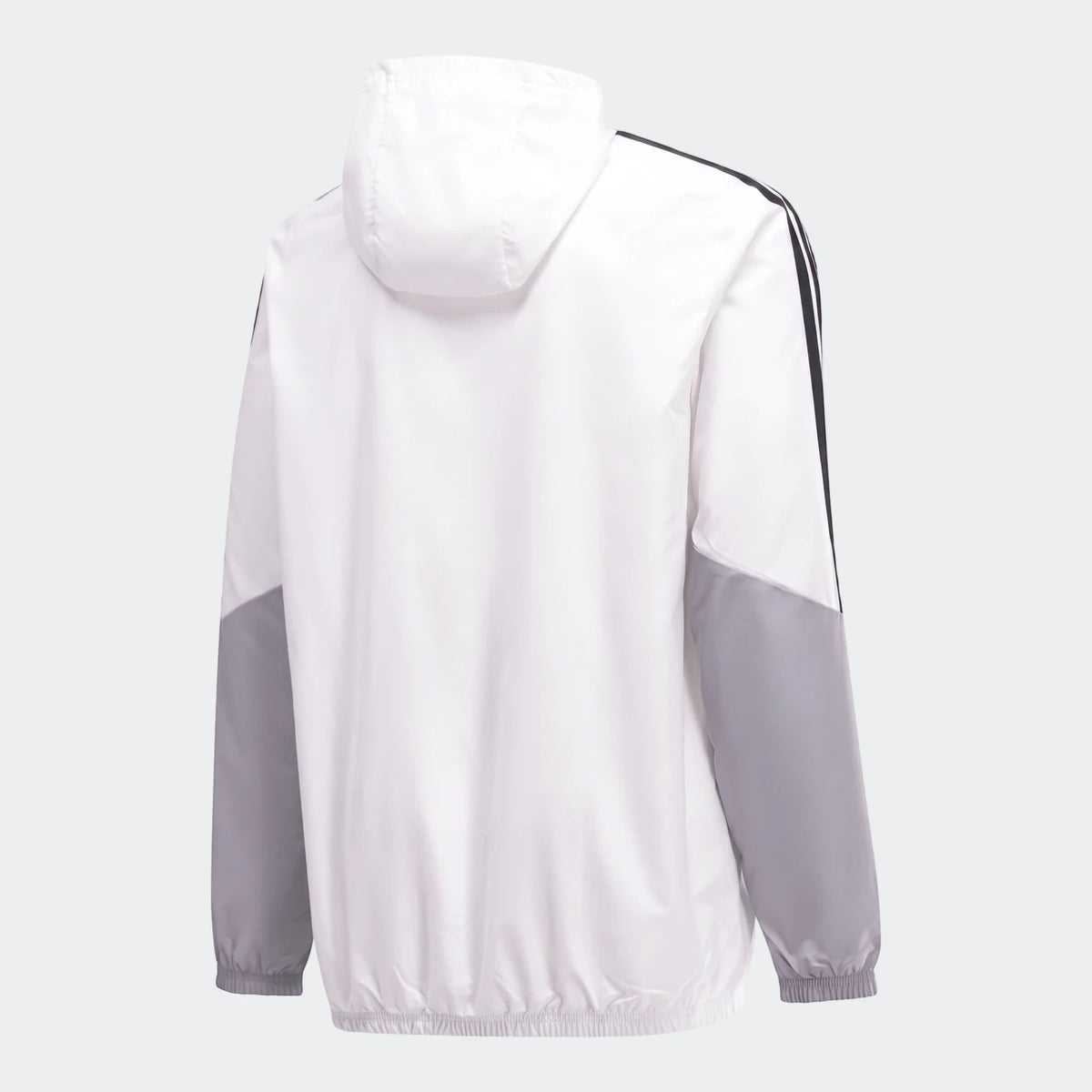 Back view of the Op Tiro26C Aw Jkt in white and gray with black stripes, featuring a hood and elasticized cuffs and hem.