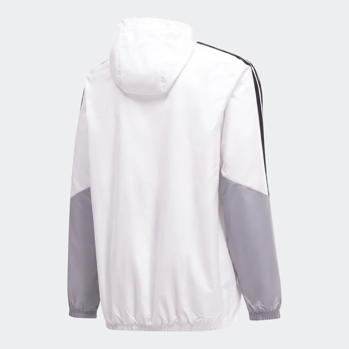 Back view of the Op Tiro26C Aw Jkt in white and gray with black stripes, featuring a hood and elasticized cuffs and hem.