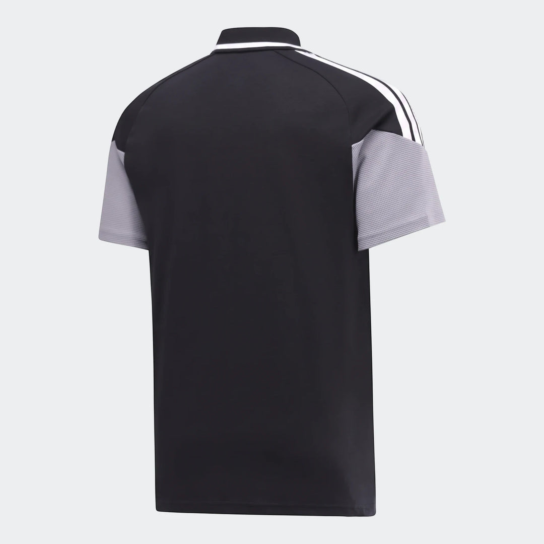 Back view of a black, white, and gray Op Tiro26C short-sleeve polo shirt with striped details.