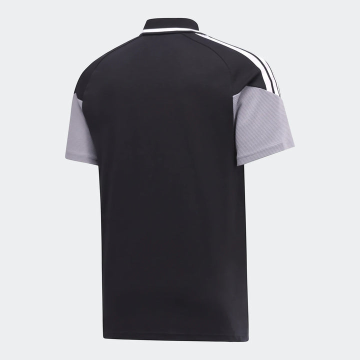 Back view of a black, white, and gray Op Tiro26C short-sleeve polo shirt with striped details.