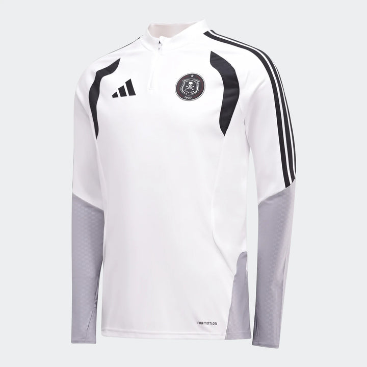 White and black Adidas men's Op Tiro26C long-sleeve quarter-zip training top with Orlando Pirates crest.