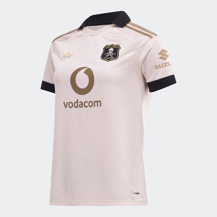 Orlando Pirates 26/27 Away Jersey in cream, black, and gold, featuring team crest and sponsor logos, front-right view.