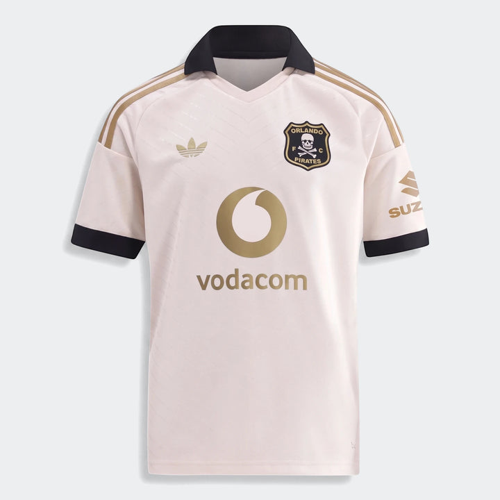 Orlando Pirates 26/27 Away Kids Jersey in off-white with gold Adidas stripes, club crest, and sponsor logos, displayed flat.