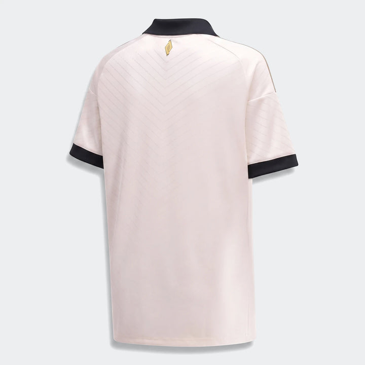 Back view of the Orlando Pirates 26/27 Away Jersey in light cream with black collar and subtle chevron pattern.