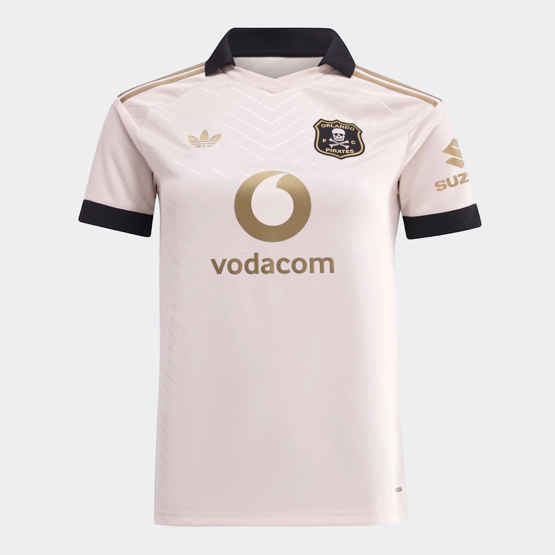 Orlando Pirates 26/27 away jersey in off-white with black collar and gold details, featuring front sponsor logos and club
