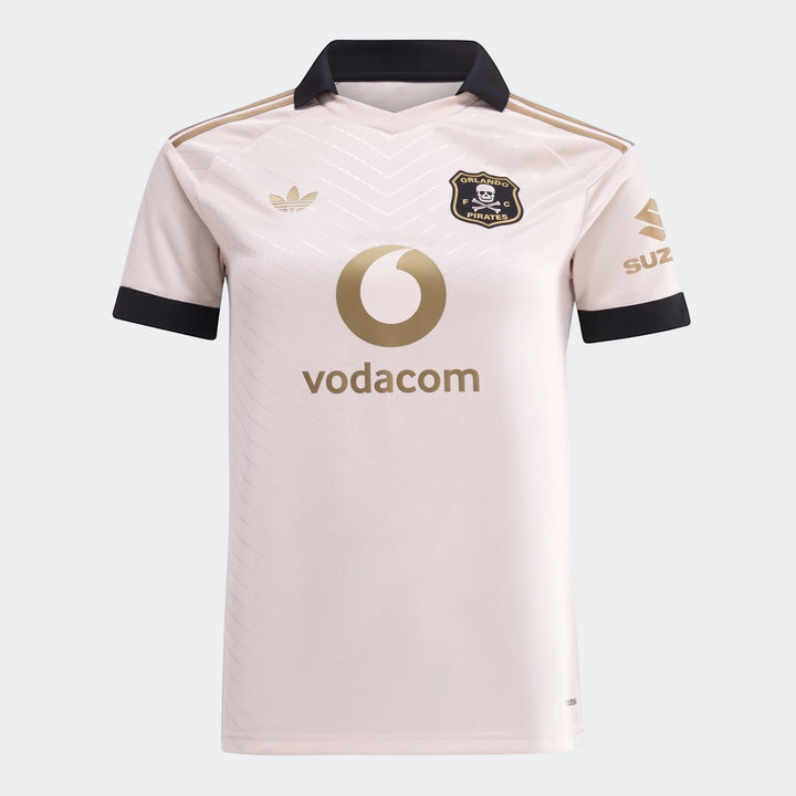 Orlando Pirates 26/27 away jersey in off-white with black collar and gold details, featuring front sponsor logos and club