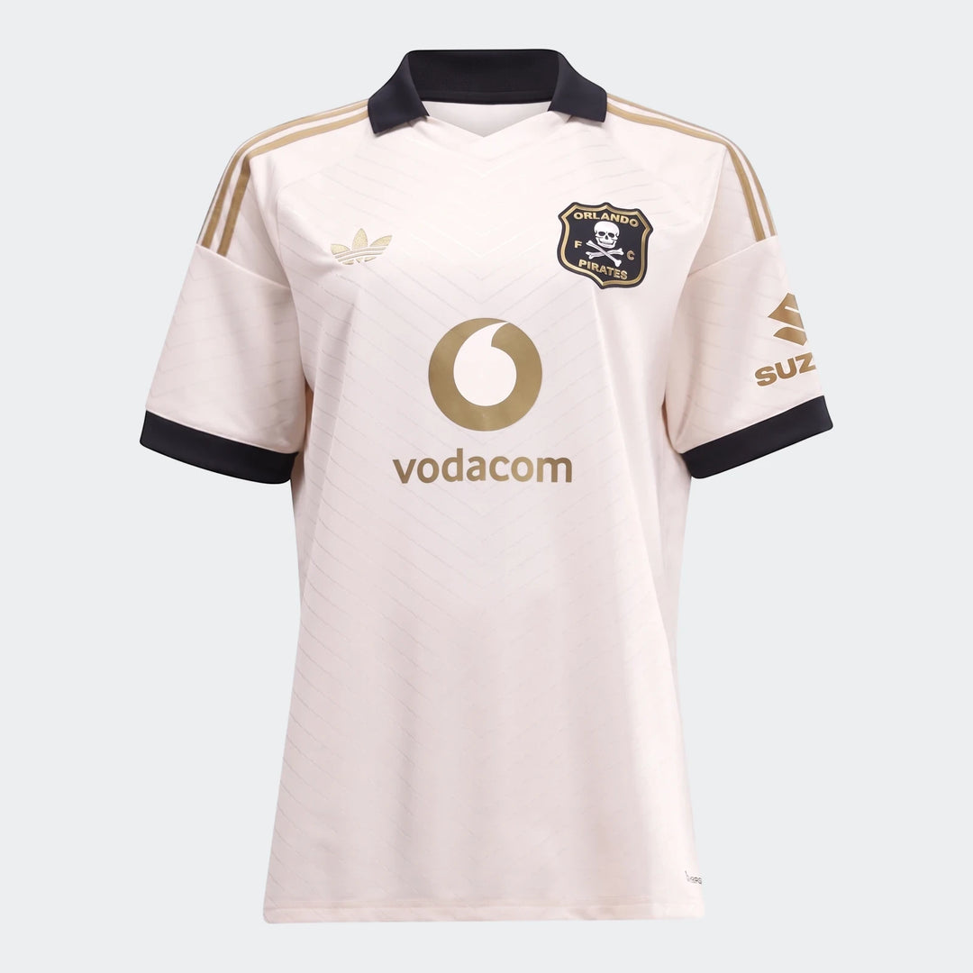 Orlando Pirates 26/27 Away Jersey, a white short-sleeve soccer shirt with black collar and gold sponsor logos, front view.