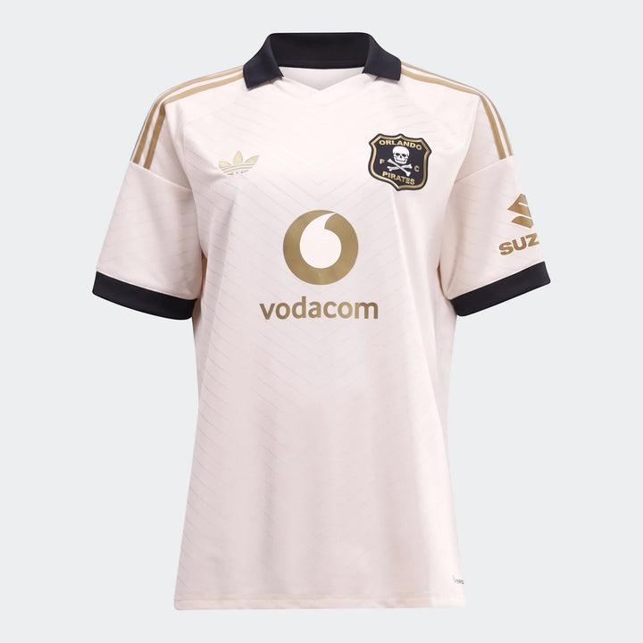 Orlando Pirates 26/27 Away Jersey, a white short-sleeve soccer shirt with black collar and gold sponsor logos, front view.