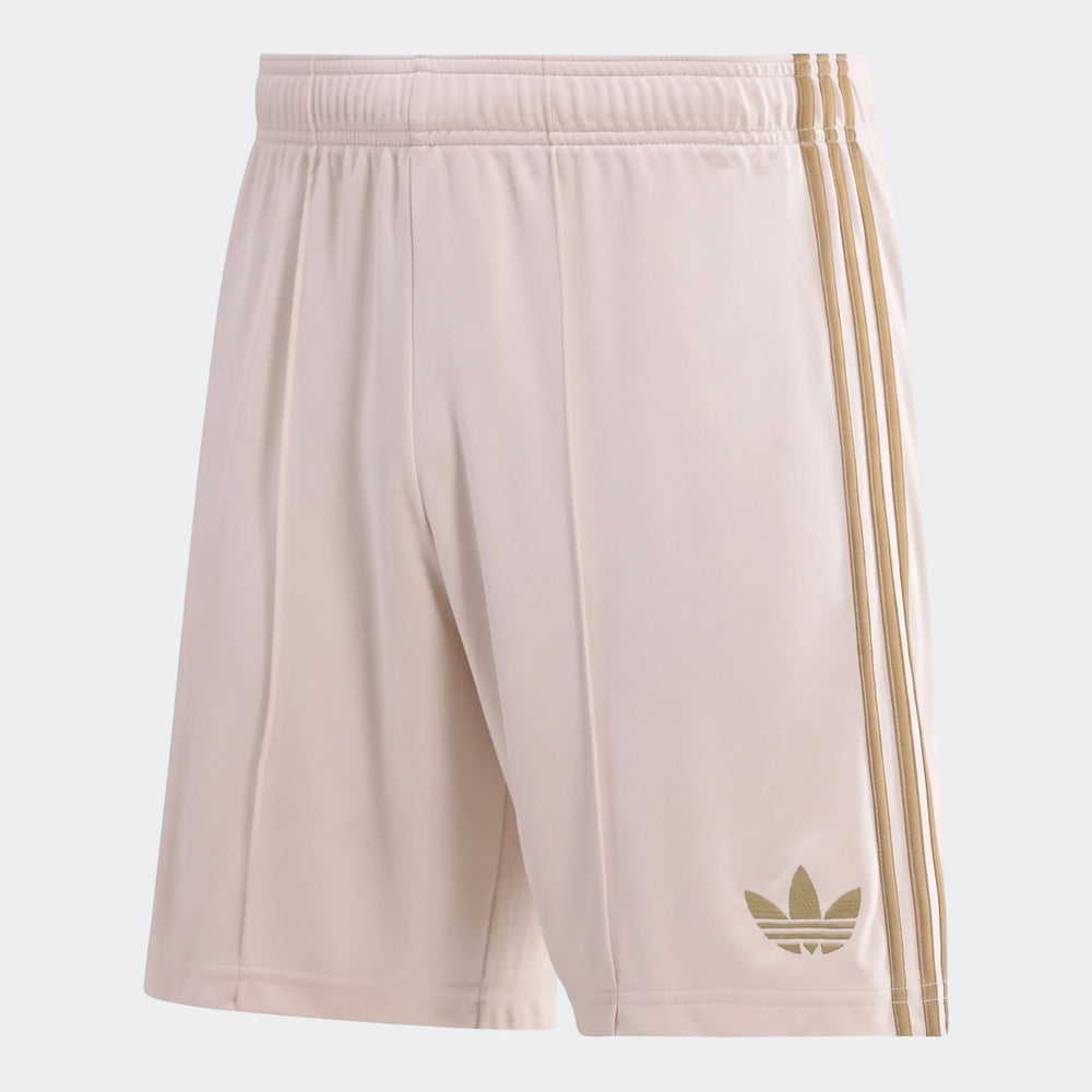 Beige Orlando Pirates 26/27 Away Shorts for men, featuring three gold stripes and a gold Adidas Trefoil logo on a white