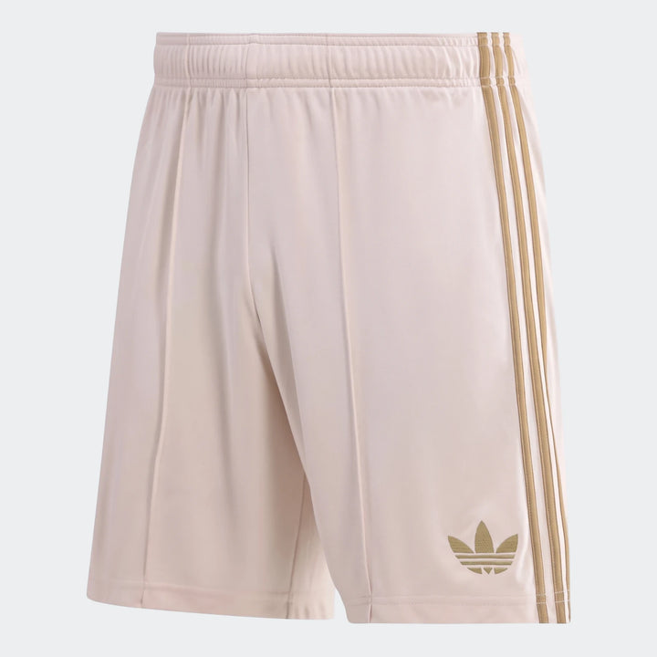 Beige Orlando Pirates 26/27 Away Shorts for men, featuring three gold stripes and a gold Adidas Trefoil logo on a white