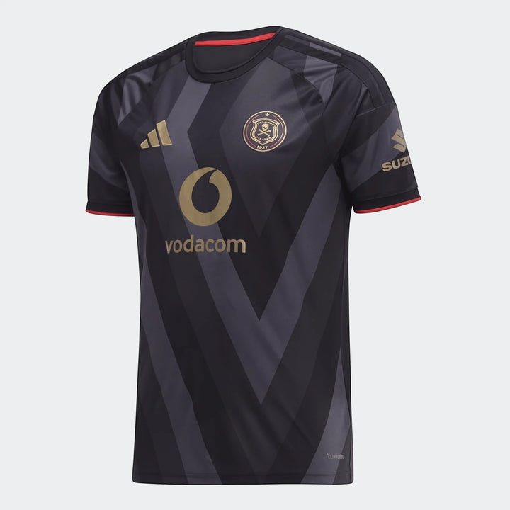 Orlando Pirates 26/27 home jersey in black with gold logos and a chevron pattern, displayed front view.