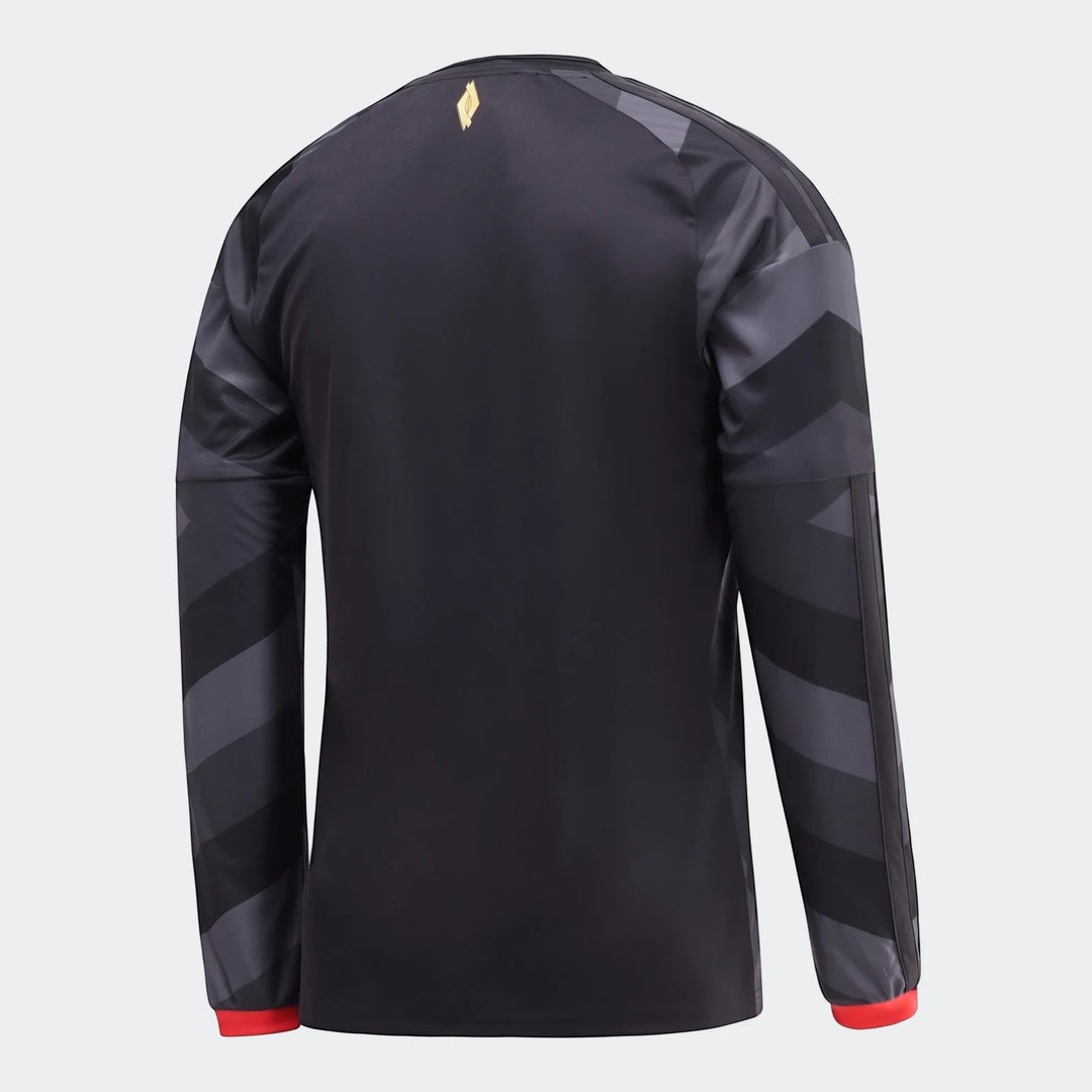 Back view of the Orlando Pirates 26/27 Home Jersey, a black long-sleeve shirt with a dark grey chevron pattern on the