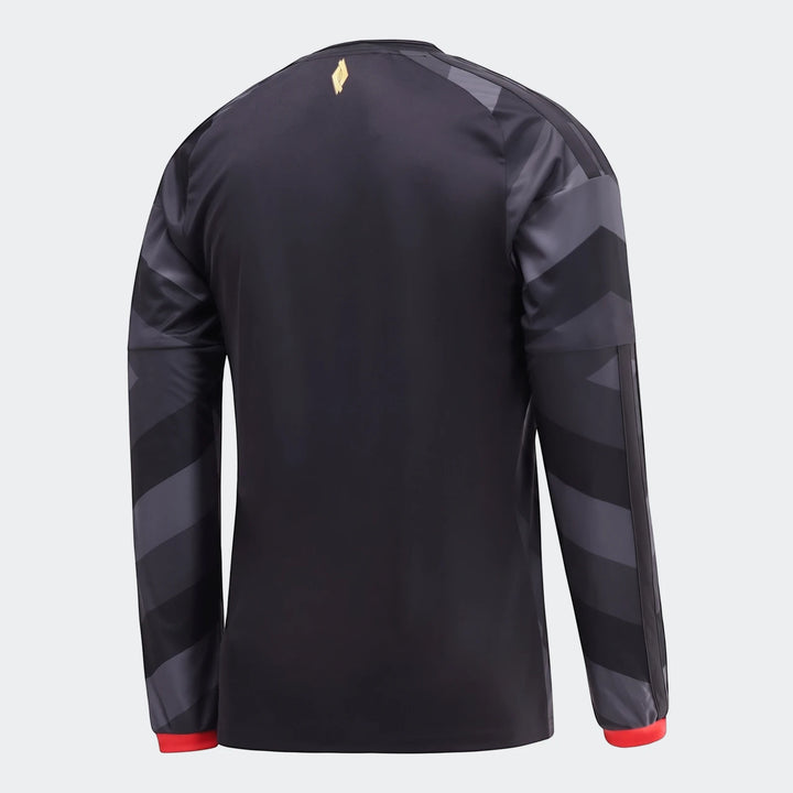 Back view of the Orlando Pirates 26/27 Home Jersey, a black long-sleeve shirt with a dark grey chevron pattern on the