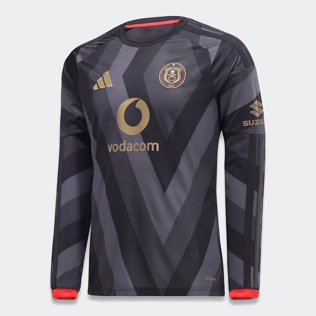 Orlando Pirates 26/27 Home Jersey, dark grey with gold logos and red trim, long-sleeved front view.