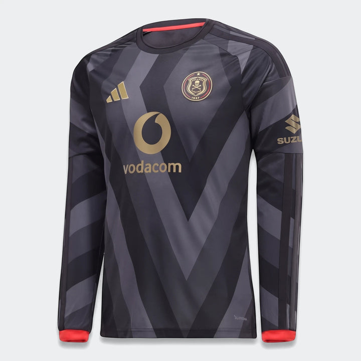 Orlando Pirates 26/27 Home Jersey, dark grey with gold logos and red trim, long-sleeved front view.