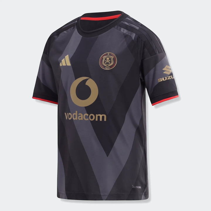 Orlando Pirates 26/27 Home Jersey Kids in black, grey, and gold with red accents, front view, short sleeves, featuring
