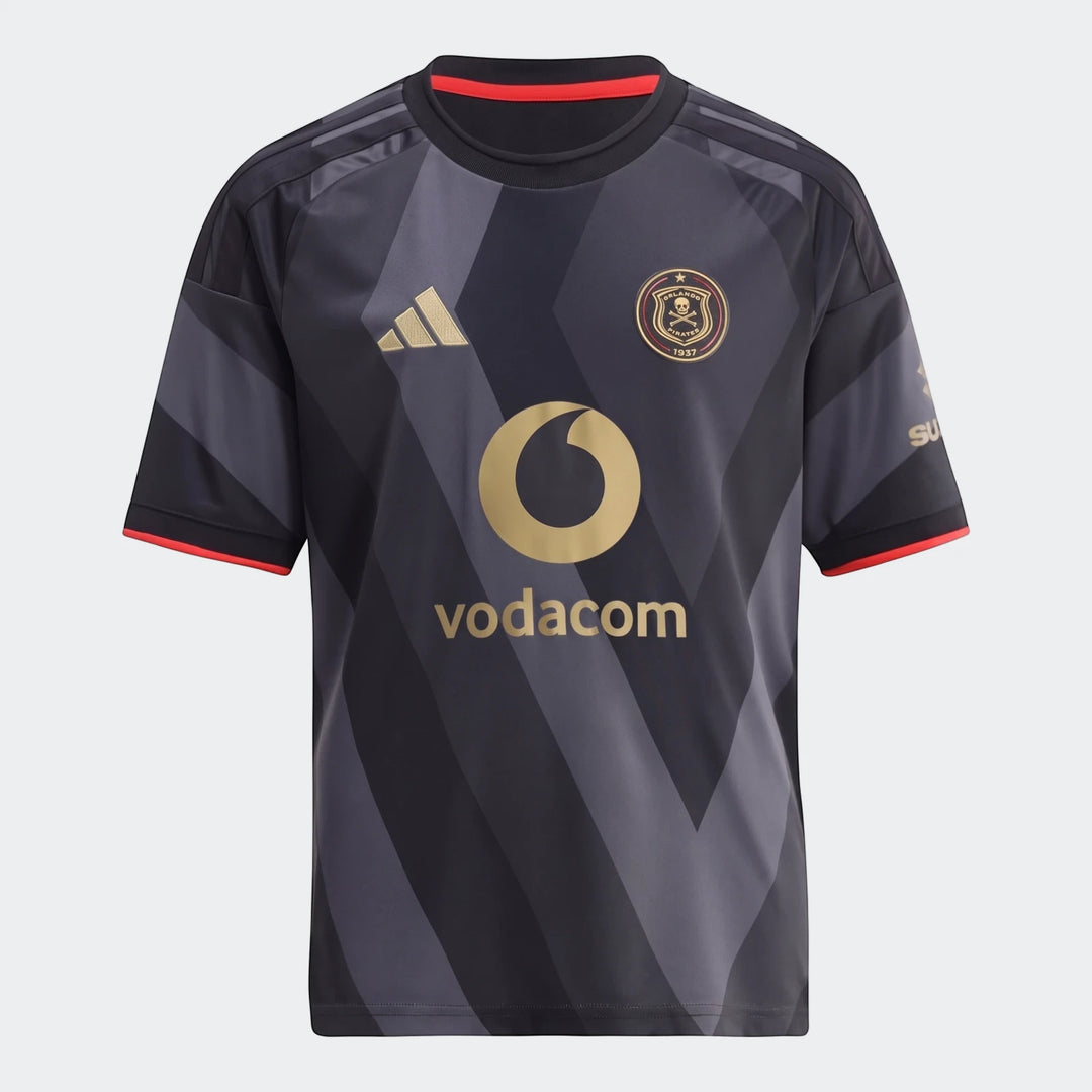 Orlando Pirates 26/27 Home Kids Jersey, featuring dark grey and black geometric patterns, gold logos, and red trim,
