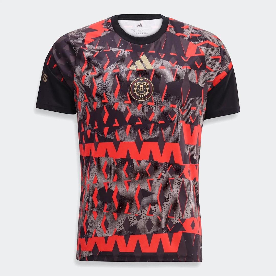 Orlando Pirates 26/27 Pre Match Jersey in black and red geometric pattern, front view, featuring club and Adidas logos.