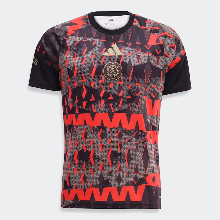 Orlando Pirates 26/27 Pre Match Jersey in black and red geometric pattern, front view, featuring club and Adidas logos.