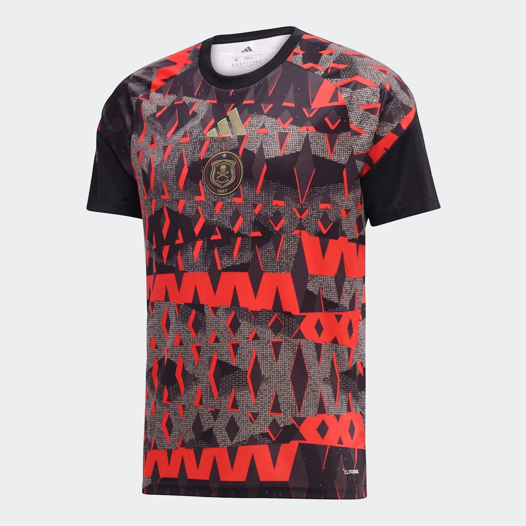 Orlando Pirates 26/27 Pre Match Jersey in black and red with geometric patterns, featuring the Adidas logo and team crest on